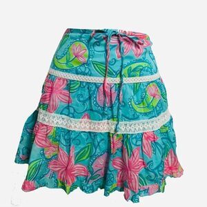 Lilly Pulitzer Crochet Floral Lace Drawstring Skirt Small/MediumBright Blue Neon